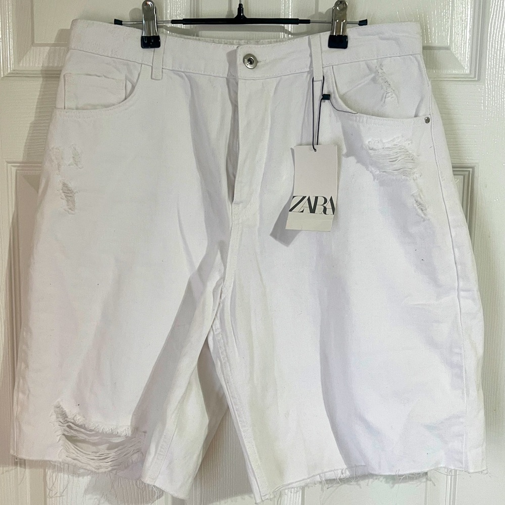 Zara Distressed High Waisted Longline Shorts in White